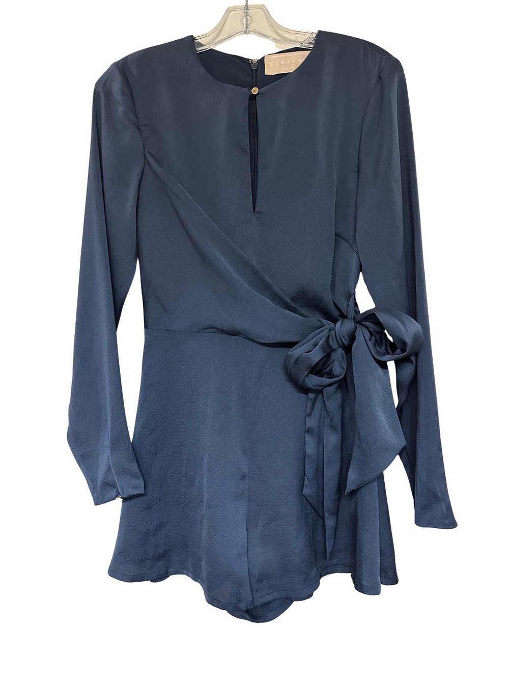 KEEPSAKE Sz S Navy Blue Satin Long Sleeve Wrap Romper Bow Tie Waist